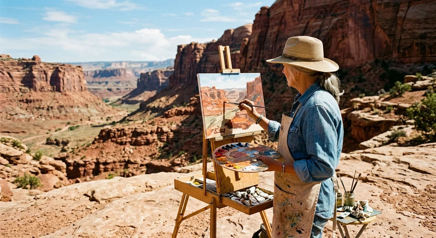 A retired woman in a sun hat paints a landscape of red rock cliffs on her easel outdoors in Southern Utah.