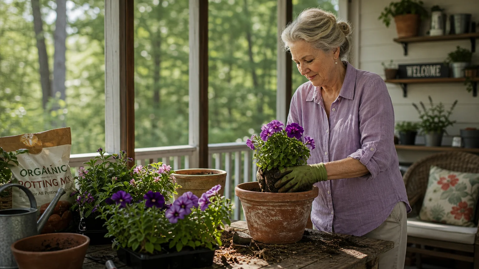 A retired woman potting colorful flowers on a sunlit screened porch in North Carolina, surrounded by greenery.