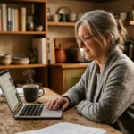 A retired woman sits at her wooden kitchen table, looking at a laptop with a calm smile, bathed in warm, natural morning light.