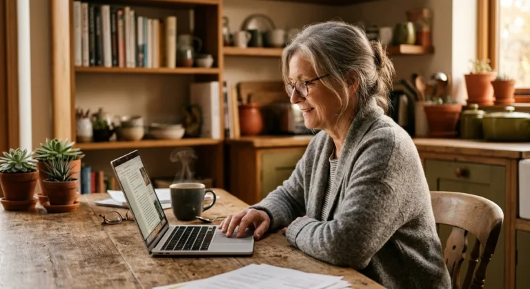 A retired woman sits at her wooden kitchen table, looking at a laptop with a calm smile, bathed in warm, natural morning light.