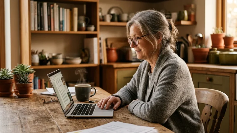A retired woman sits at her wooden kitchen table, looking at a laptop with a calm smile, bathed in warm, natural morning light.