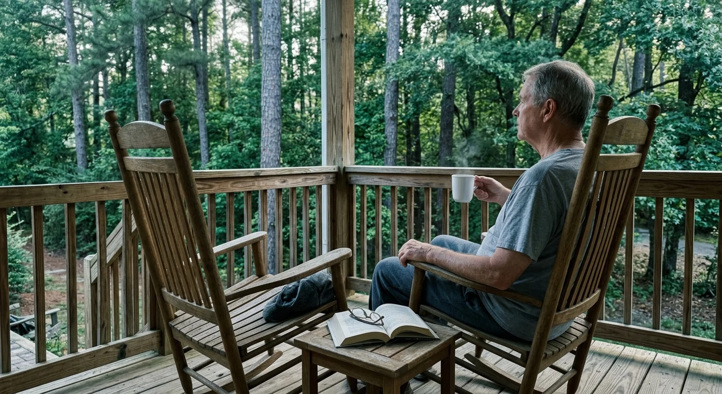 A retiree sits on a peaceful wooden porch in Cary, North Carolina, looking out at a lush forest trail with a morning coffee.