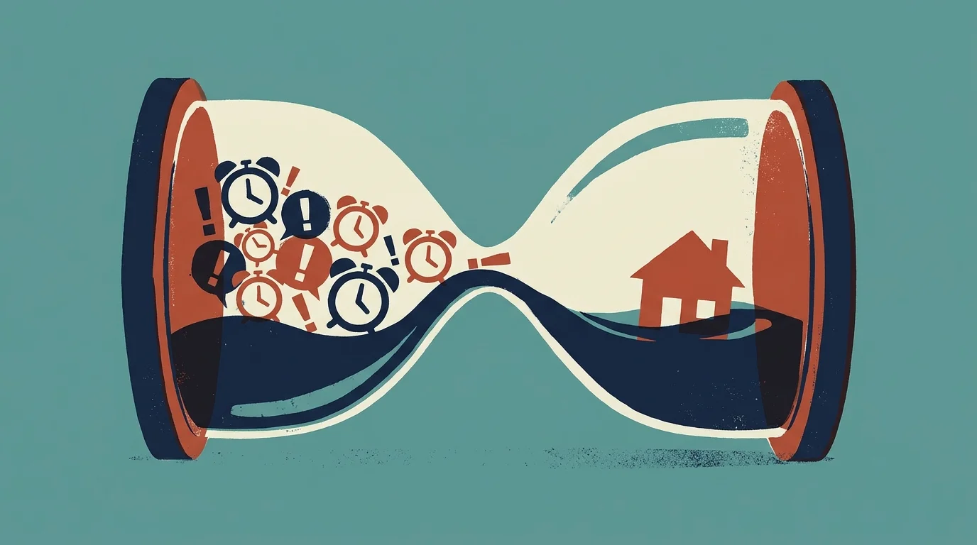 A screenprint illustration of an hourglass showing urgency icons turning into a rising tide that threatens a small house silhouette.