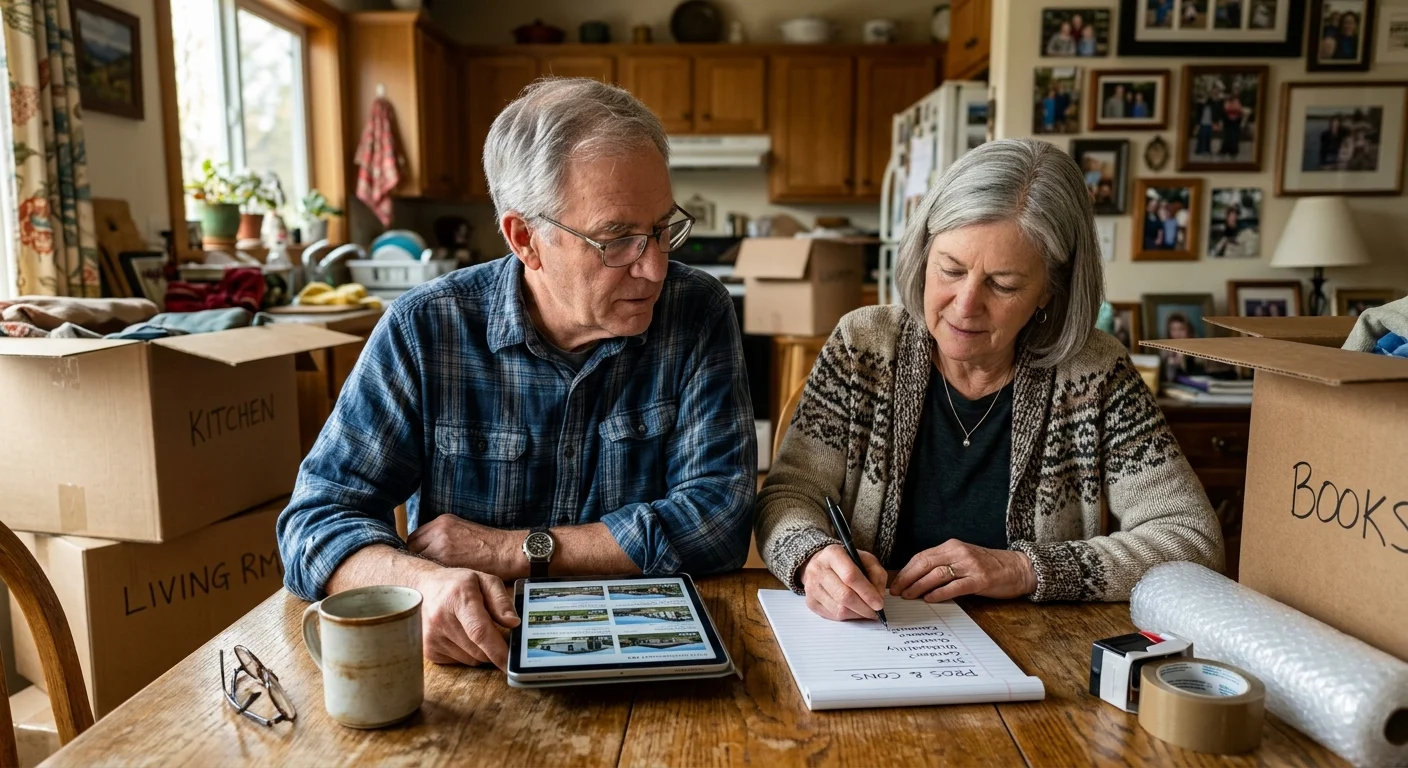A senior couple sitting at a wooden kitchen table surrounded by moving boxes, discussing lists and looking at a tablet together.