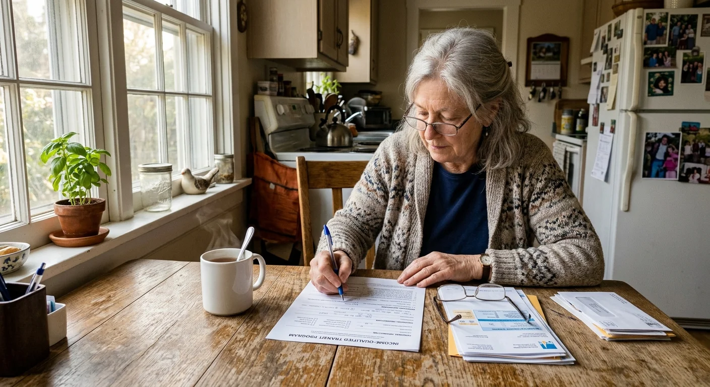 A senior woman fills out an income-qualified transit program form at her sunlit kitchen table with a warm cup of tea nearby.