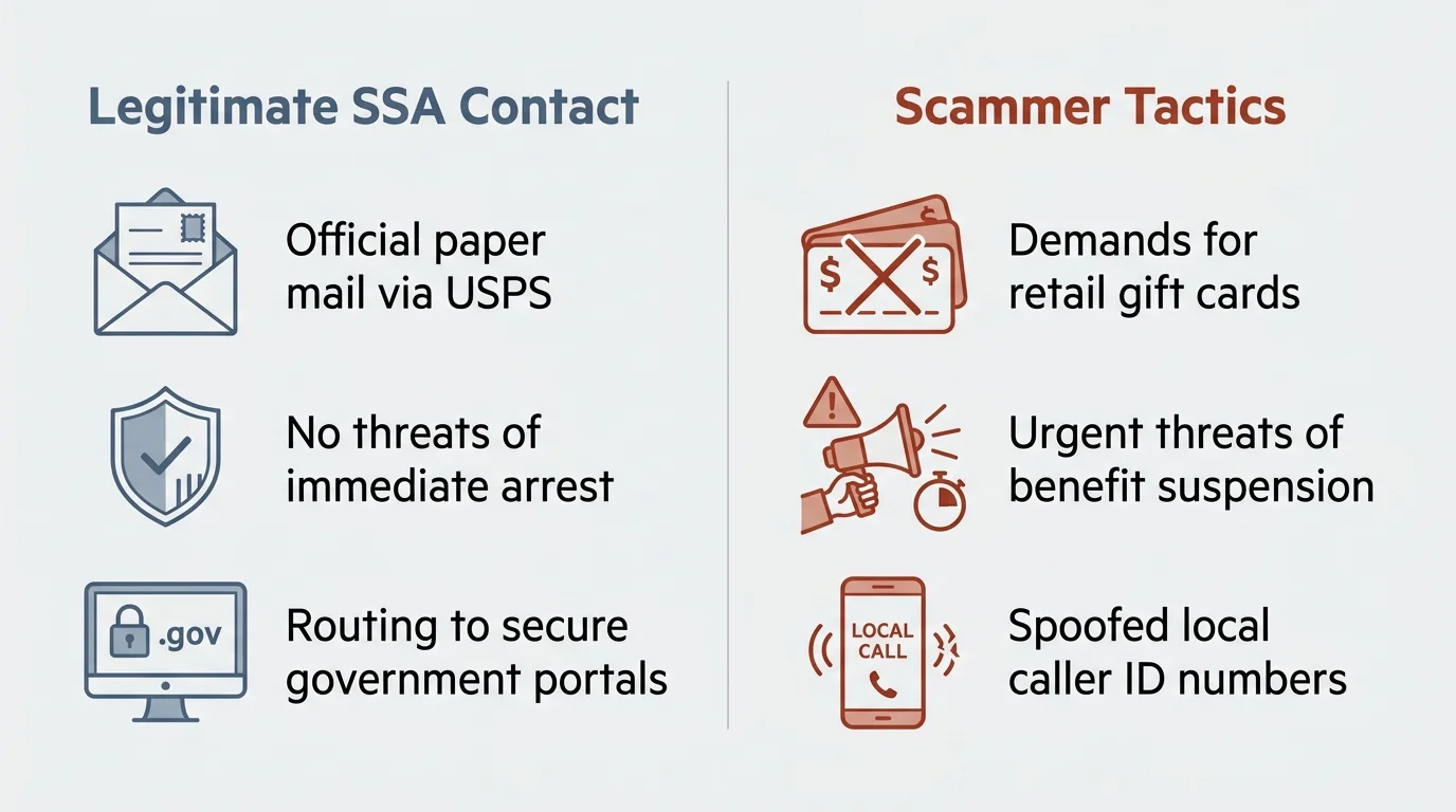 A side-by-side comparison chart contrasting official Social Security communication with common fraud tactics.