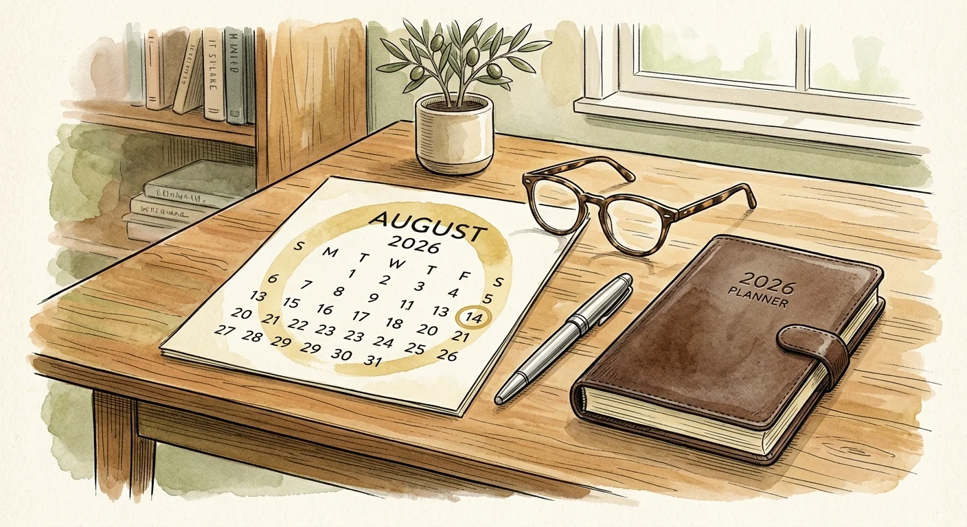 A soft watercolor illustration of a desk with a calendar marked August 2026 and reading glasses.