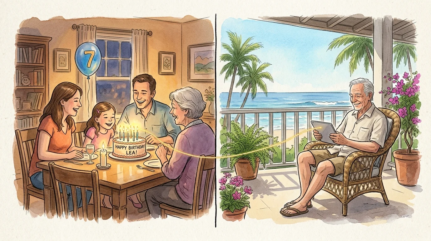 A split-screen illustration of a family birthday party in the US and an older man watching on a tablet from a tropical terrace.