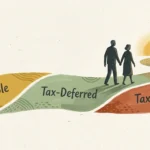 A stylized gouache illustration of a couple walking along a path divided into Taxable, Tax-Deferred, and Tax-Free segments.