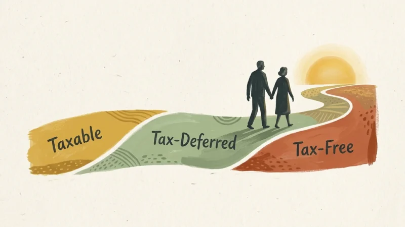 A stylized gouache illustration of a couple walking along a path divided into Taxable, Tax-Deferred, and Tax-Free segments.