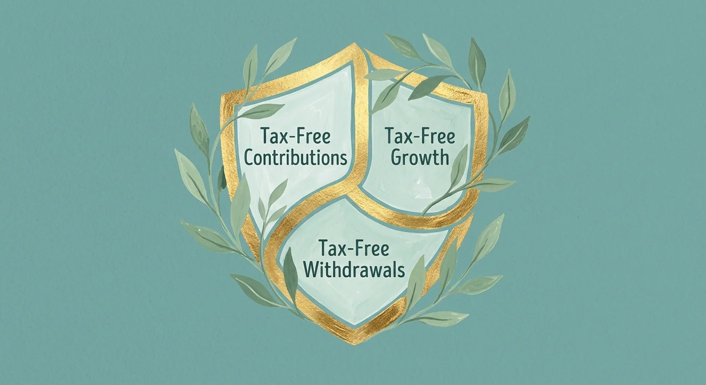 A stylized gouache illustration of a golden shield highlighting the triple tax advantages of a Health Savings Account.