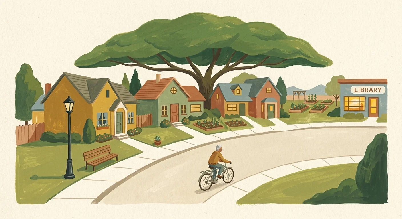 A stylized gouache illustration of a peaceful neighborhood street with wide sidewalks, large trees, and charming homes.