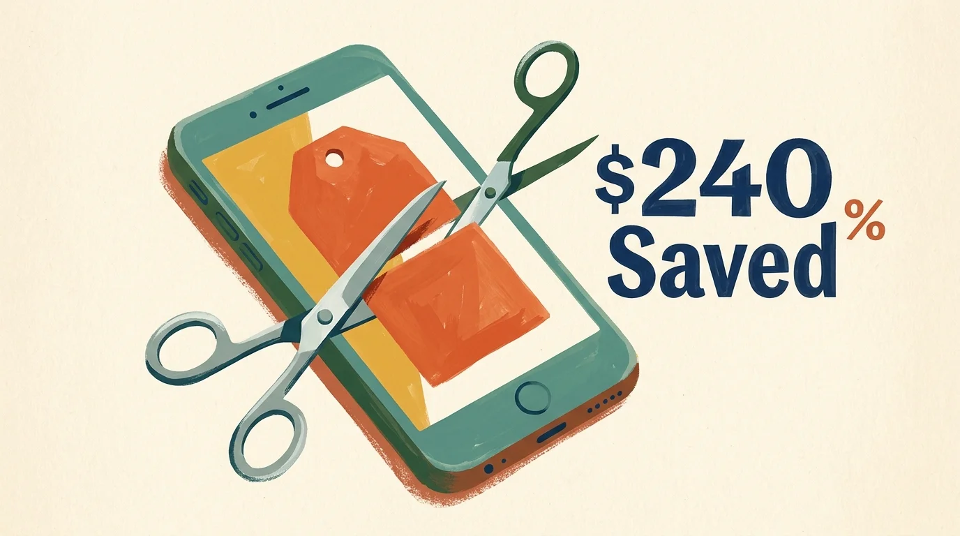 A stylized gouache illustration of a smartphone and a price tag being cut by scissors, displaying the text $240 Saved.