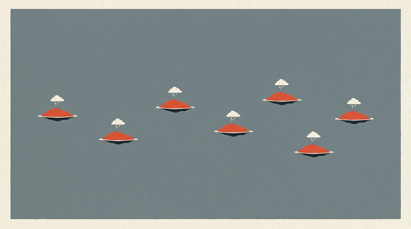 A stylized graphic print showing eight isolated red islands under storm clouds, symbolizing the eight states that still tax benefits.