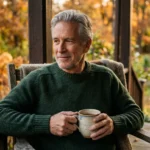 A thoughtful 68-year-old man sitting on his porch during golden hour, holding a warm mug.