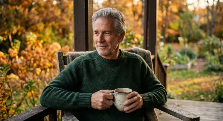 A thoughtful 68-year-old man sitting on his porch during golden hour, holding a warm mug.