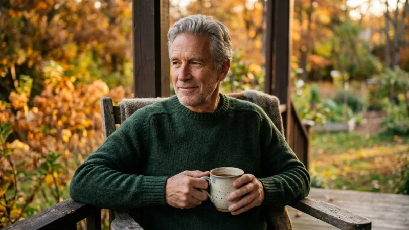 A thoughtful 68-year-old man sitting on his porch during golden hour, holding a warm mug.