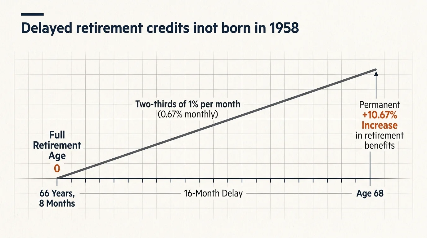A timeline diagram showing delayed retirement credits accumulating over 16 months for a 10.67% permanent benefit increase.