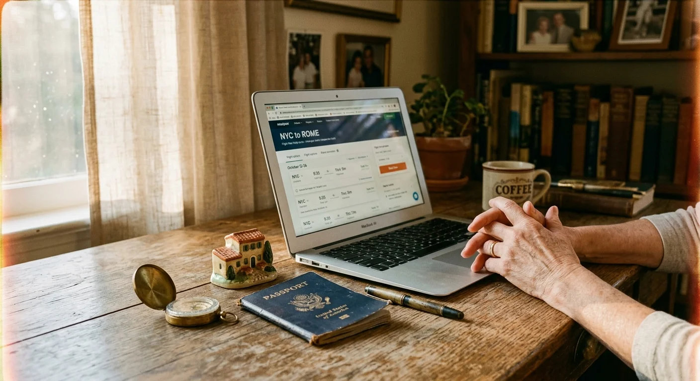 A warm, film-style photo of hands on a desk next to a laptop showing a flight itinerary, passport, and vintage compass.