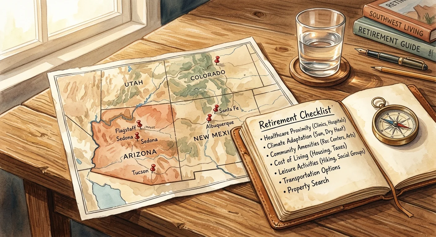A warm gouache illustration of a planning desk with a map of the Southwest, a compass, a glass of water, and a retirement relocation checkli