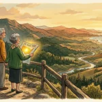 A warm gouache illustration of a retired couple looking over a vast US landscape, holding a road map under a golden sky.