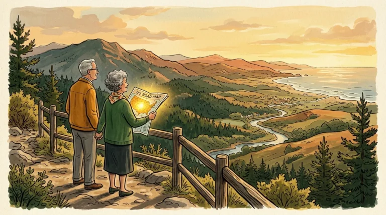 A warm gouache illustration of a retired couple looking over a vast US landscape, holding a road map under a golden sky.