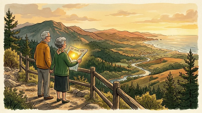 A warm gouache illustration of a retired couple looking over a vast US landscape, holding a road map under a golden sky.