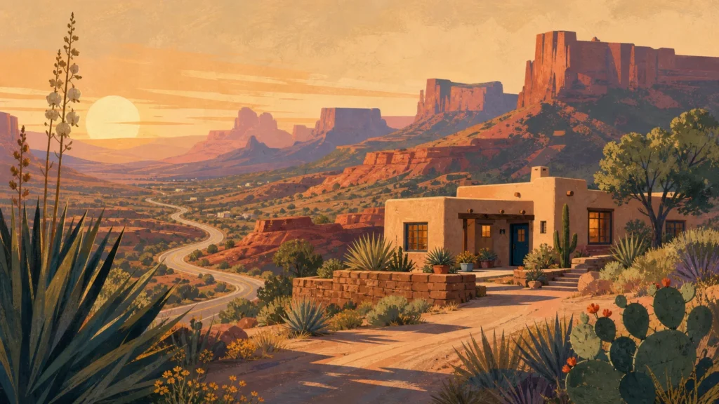 A warm gouache illustration of an adobe home among scenic Southwest red-rock mountains and desert flora under a vast sunset sky.