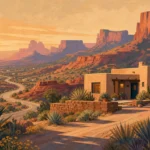 A warm gouache illustration of an adobe home among scenic Southwest red-rock mountains and desert flora under a vast sunset sky.