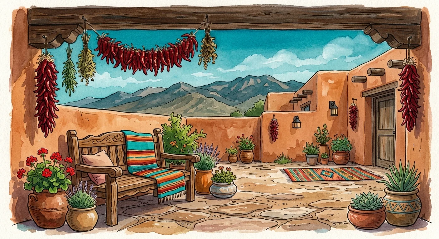 A warm gouache illustration of an inviting adobe courtyard patio in New Mexico with red chili ristras and distant mountain views.