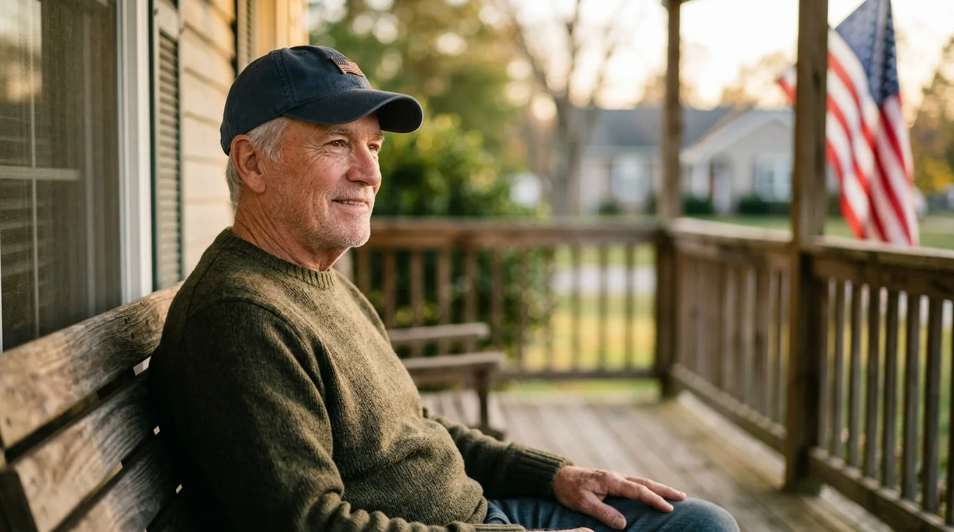 A warm, natural portrait of a retired military veteran sitting on a porch during golden hour, photo.