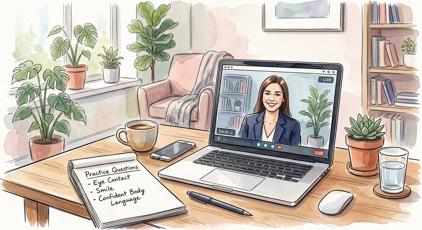 A warm watercolor illustration of a laptop screen during a video interview, next to a notepad with preparation tips.