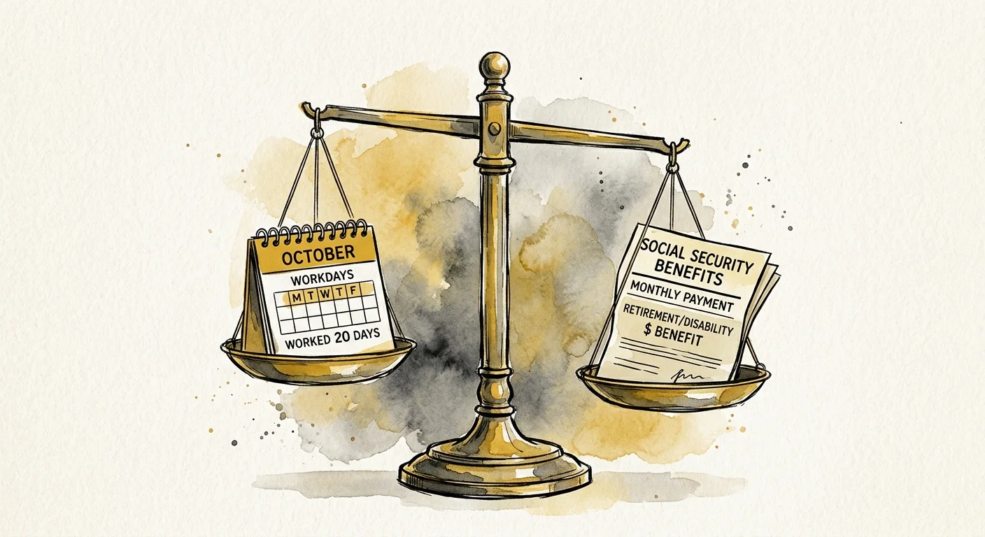 A watercolor illustration of a balance scale balancing work calendar pages against a Social Security document.