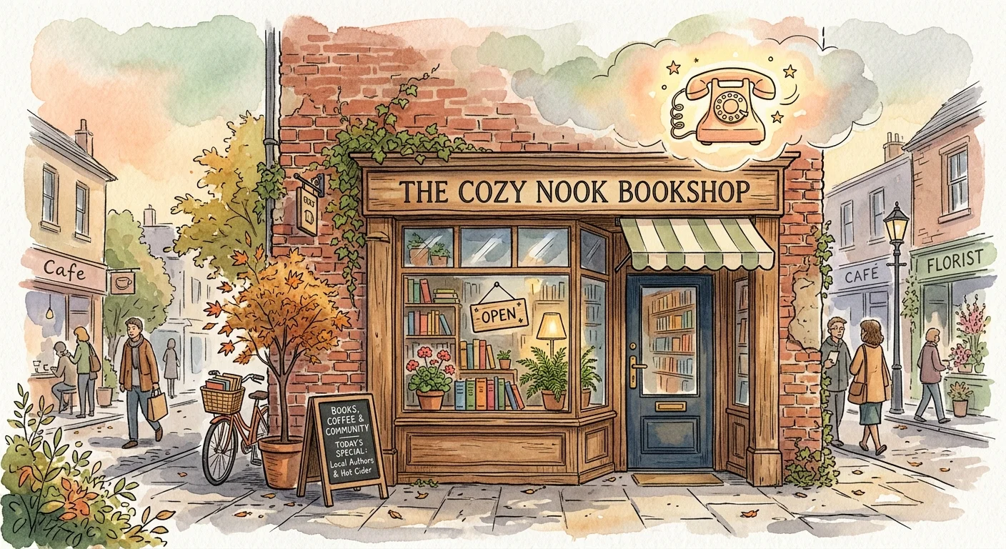 A watercolor illustration of a charming local shop with an Open sign, with a friendly telephone icon hovering above.
