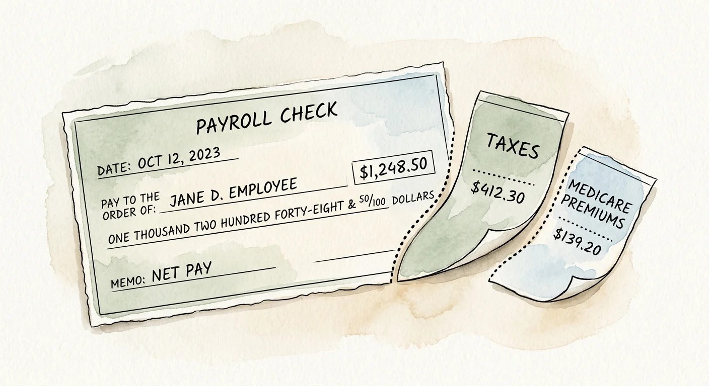 A watercolor illustration of a check with segments representing taxes and Medicare premiums peeling away.