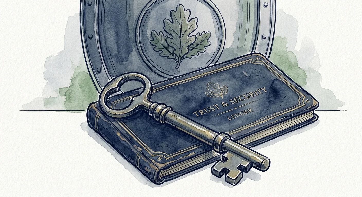 A watercolor illustration of a classic key and a protective shield with an oak leaf, symbolizing financial security and trust.