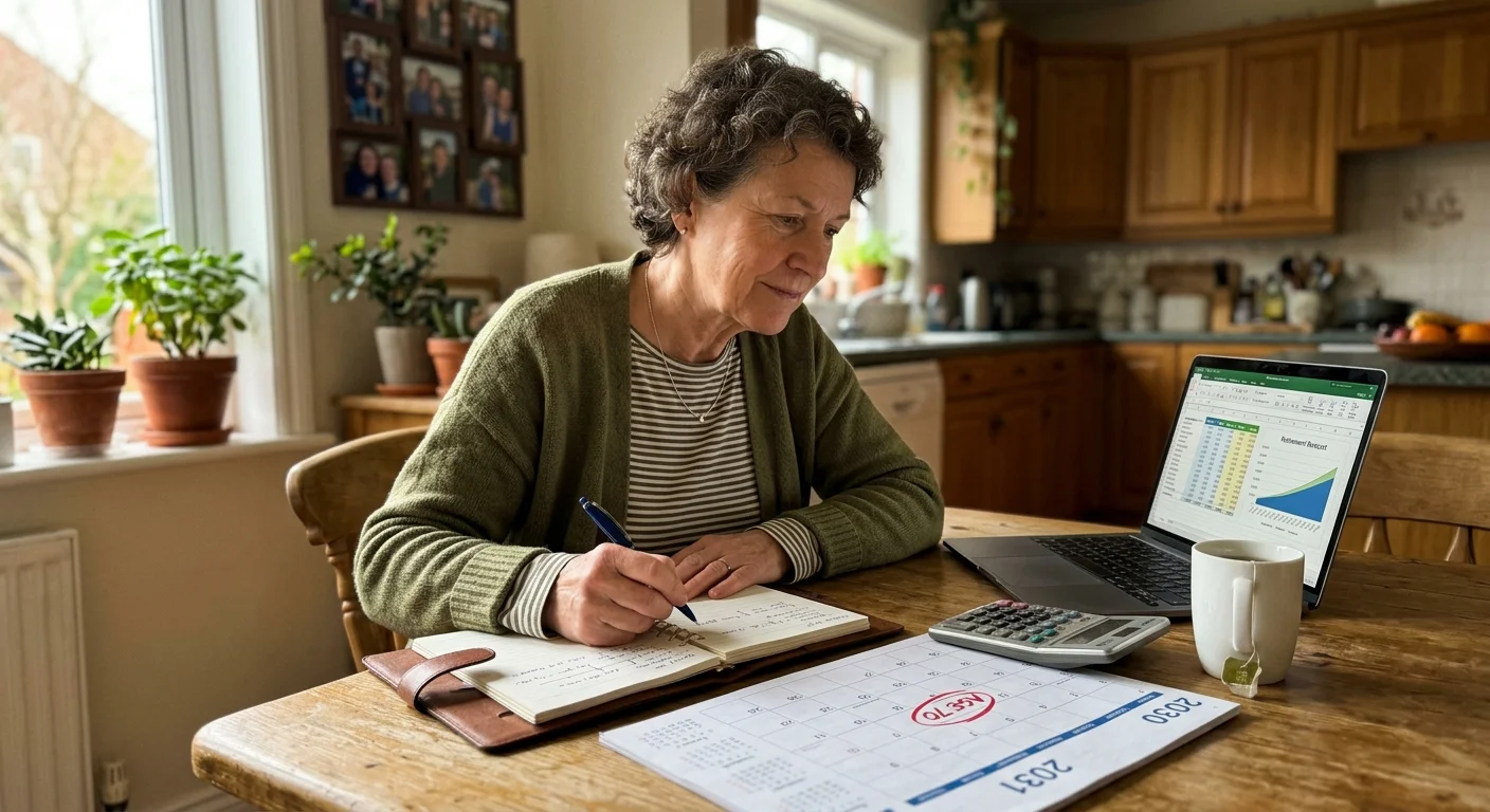 A woman planning her retirement at a sunlit kitchen table, with a calendar showing Age 70 circled in red.