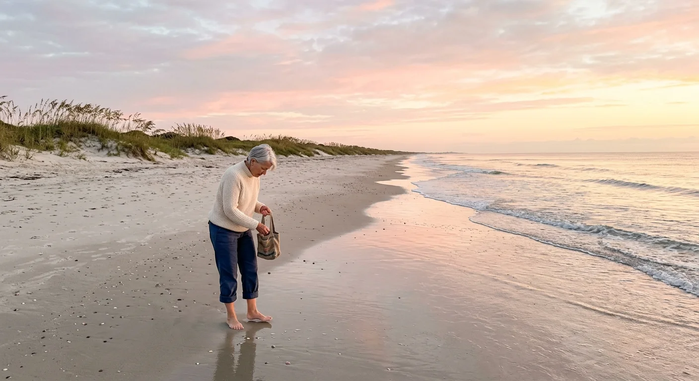 A woman walks along a quiet, pristine beach on Amelia Island at sunrise, with low dunes and soft waves.