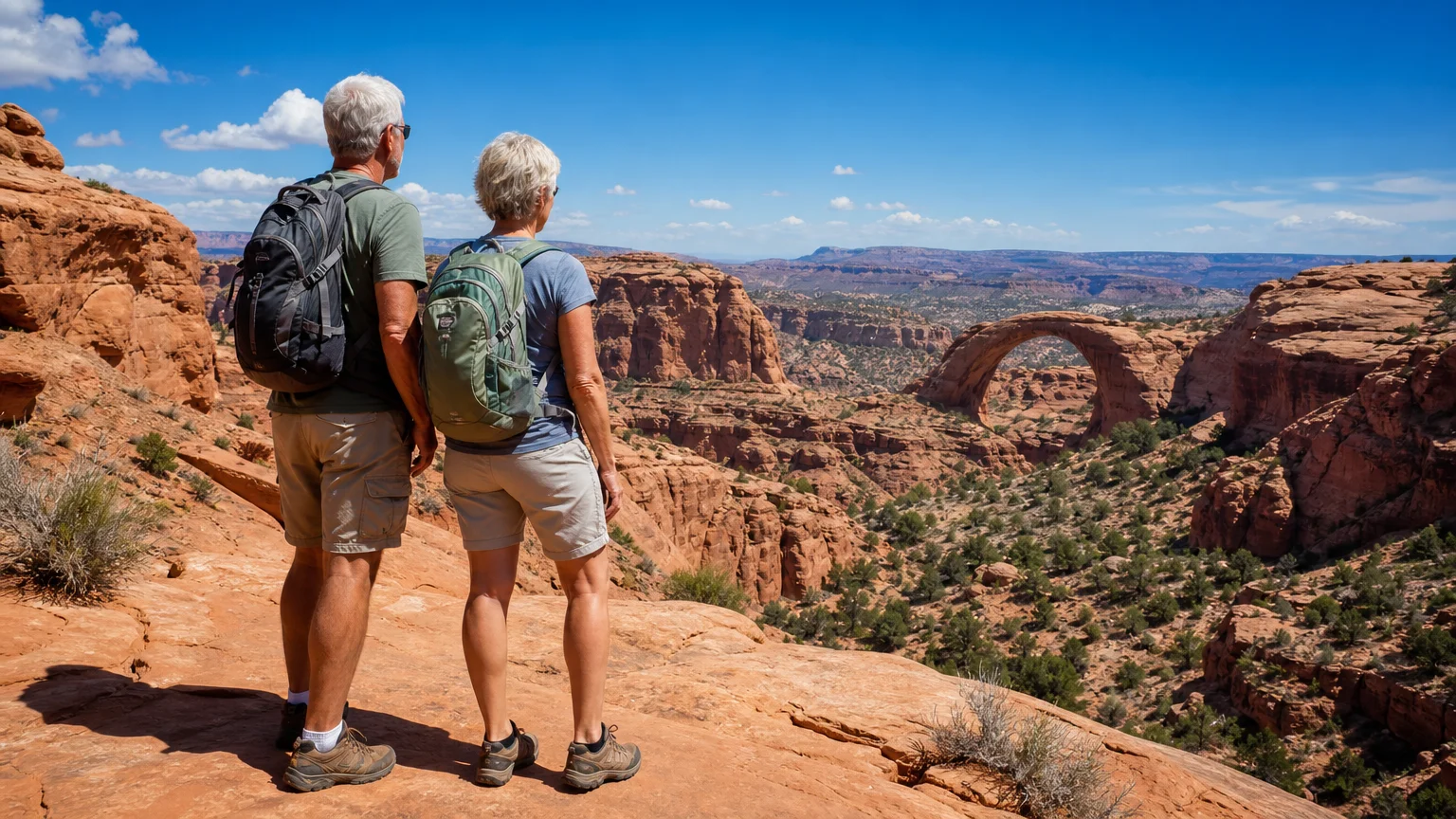 An active retired couple hiking on a vibrant red-rock trail in Utah, overlooking a scenic canyon under a clear blue sky.