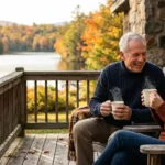 An active retired couple laughing together on a wooden lakeside porch in New Hampshire during a warm autumn morning.