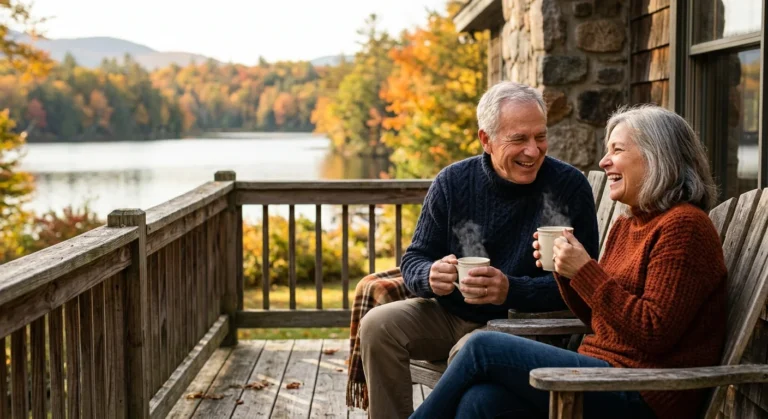 An active retired couple laughing together on a wooden lakeside porch in New Hampshire during a warm autumn morning.