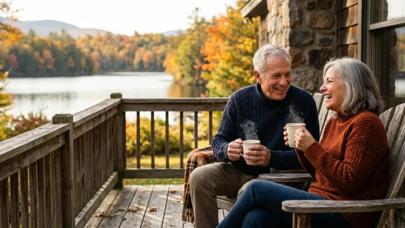 An active retired couple laughing together on a wooden lakeside porch in New Hampshire during a warm autumn morning.