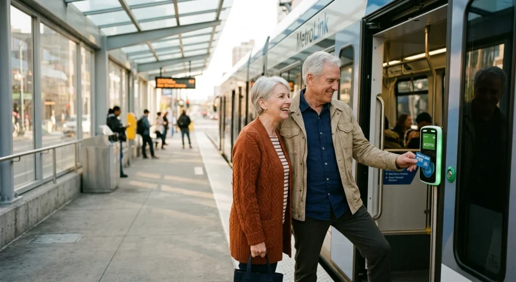 An active senior couple happily taps a transit card to board a modern city light rail train during warm afternoon light.
