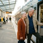 An active senior couple happily taps a transit card to board a modern city light rail train during warm afternoon light.