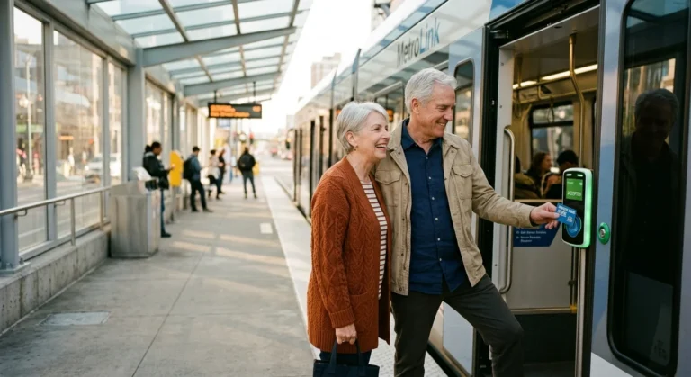 An active senior couple happily taps a transit card to board a modern city light rail train during warm afternoon light.