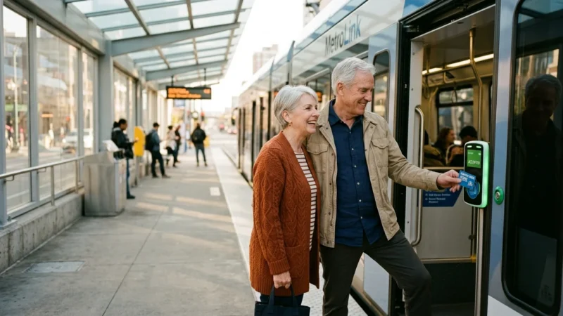 An active senior couple happily taps a transit card to board a modern city light rail train during warm afternoon light.