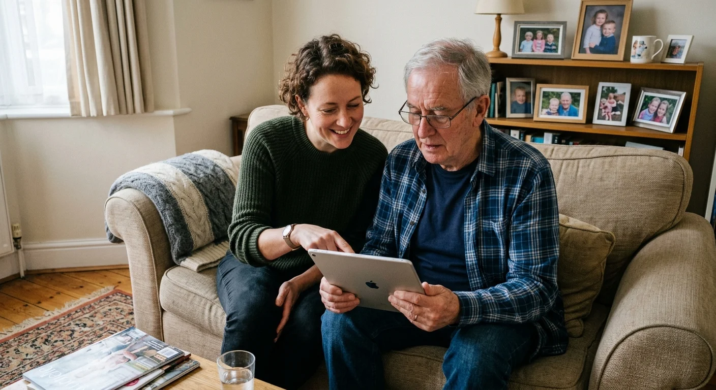 An adult daughter and her elderly father sit together on a living room sofa, looking at a tablet together in a warm, supportive moment.