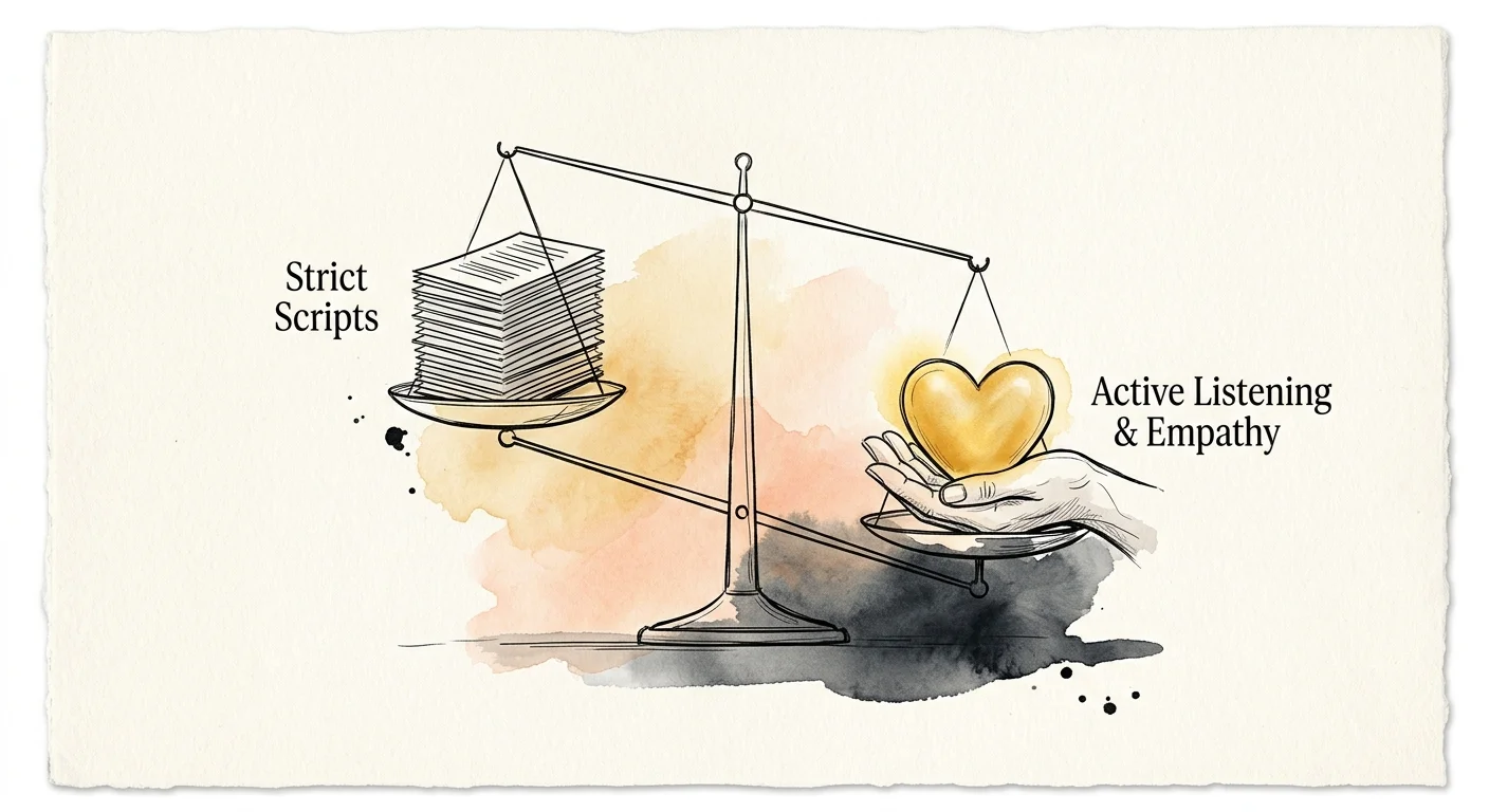 An editorial illustration of a balance scale showing empathy and active listening outweighing rigid, scripted responses.