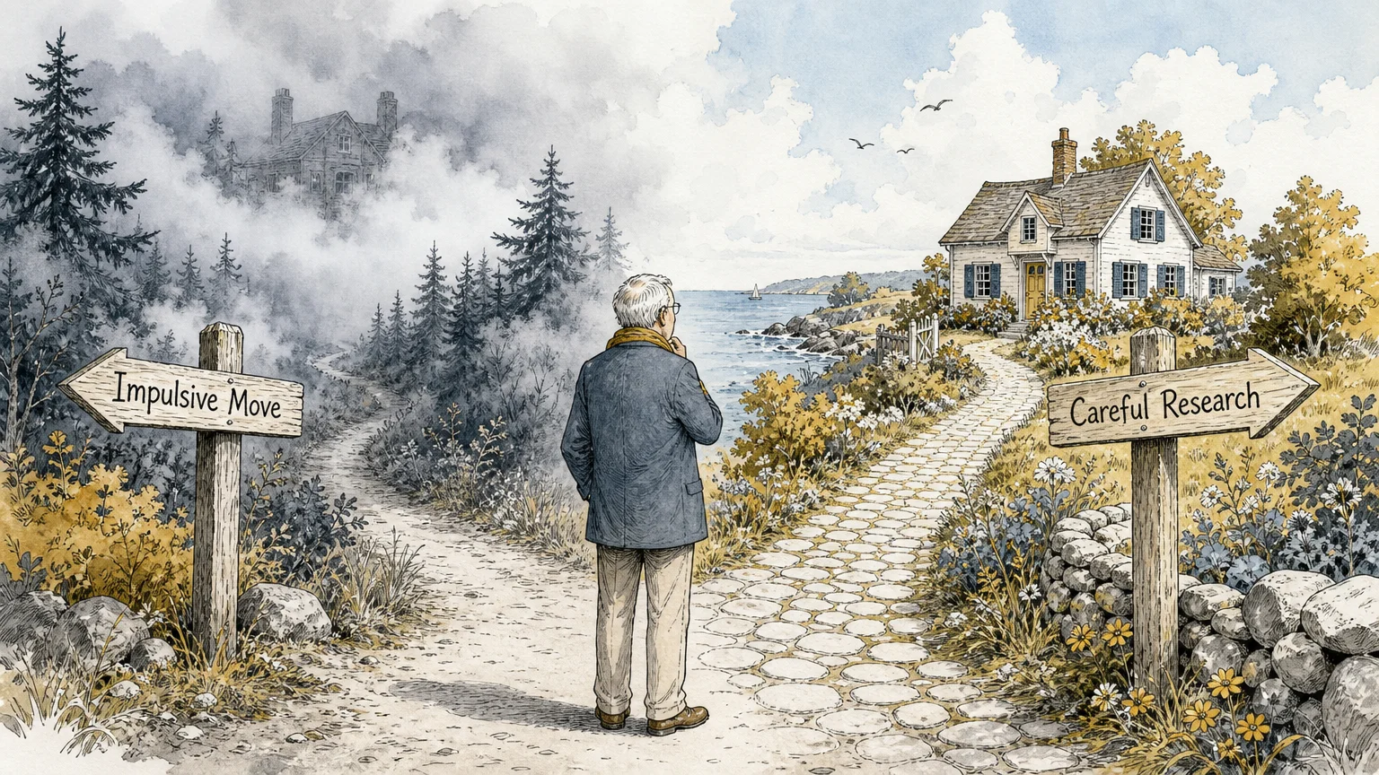 An editorial illustration of a retiree at a crossroads between 'Impulsive Move' in fog and 'Careful Research' in the sun.