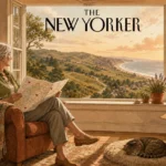 An editorial illustration of a single retired woman looking out her window at a beautiful landscape, planning her new beginning.